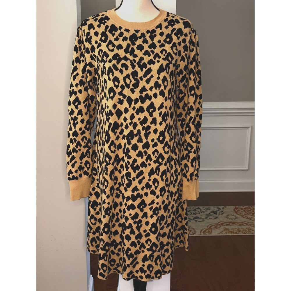Loft Outlet Leapord Pattern Knit Sweater Dress 100% Cotton Tan/Black Sz XL
